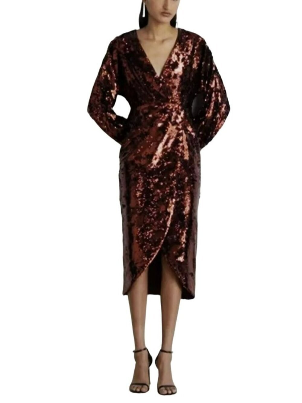 Ted Baker Sequins Burgundy Wine Emmalee Surplice Midi Dress US 6